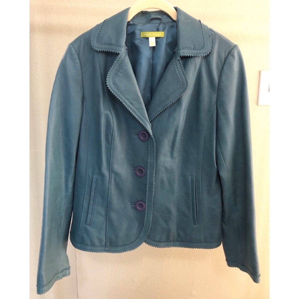 Sigrid Olsen Teal Leather Blazer Jacket